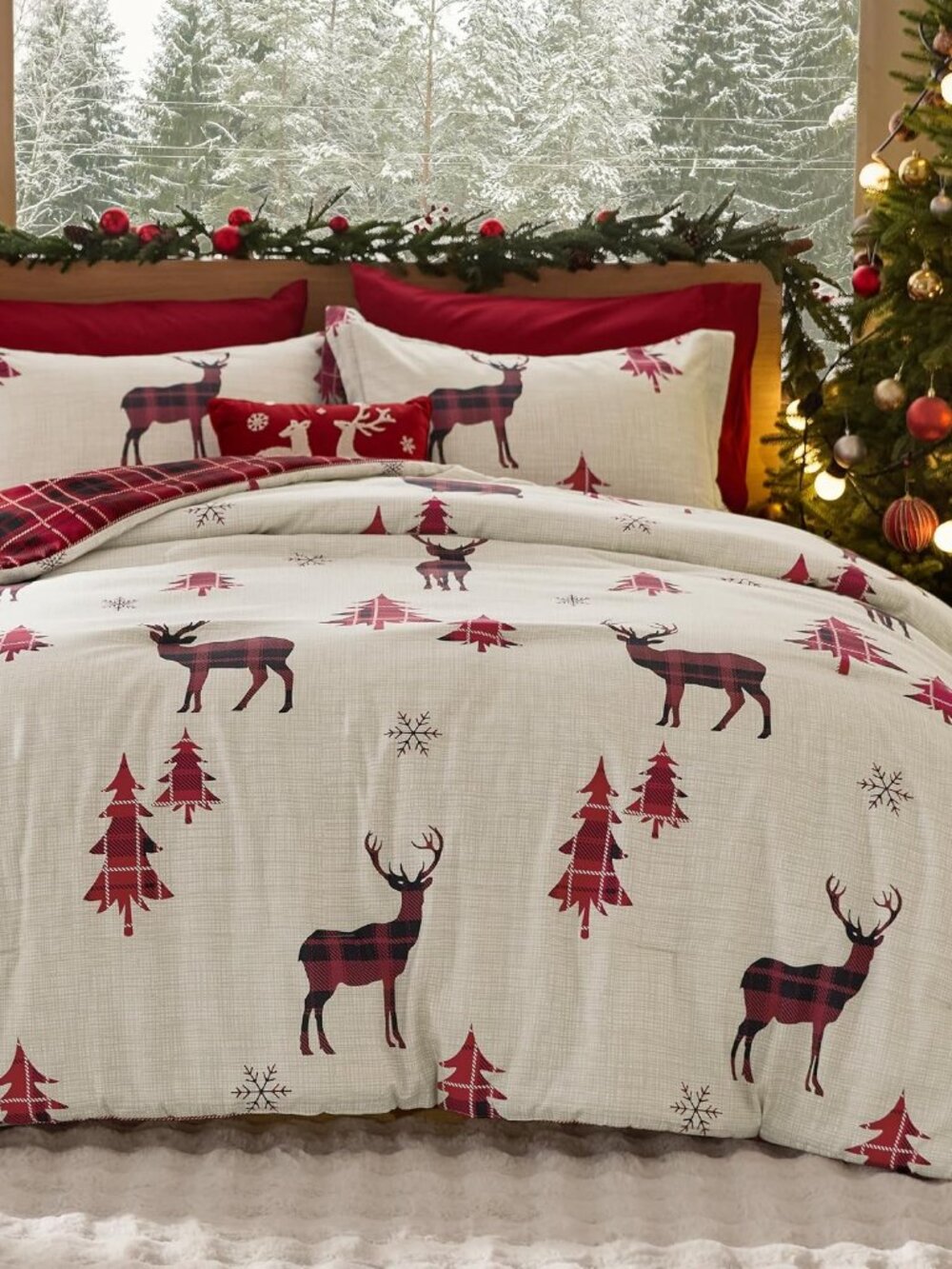 NEW Queen Red Reindeer Christmas Comforter Set 3 Piece Reversible Plaid 90x90